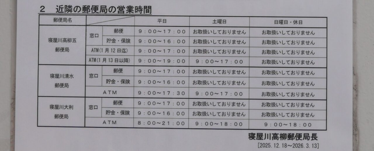 近隣郵便局の営業時間